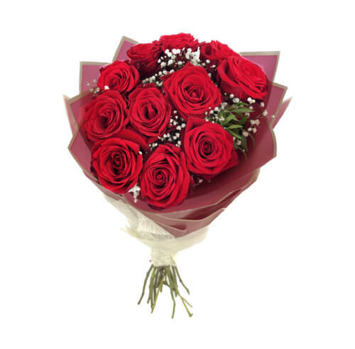 Bouquet of 11 red roses with gypsophila