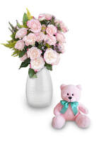 Bouquet of 5 pink bush roses with a pink teddy bear
